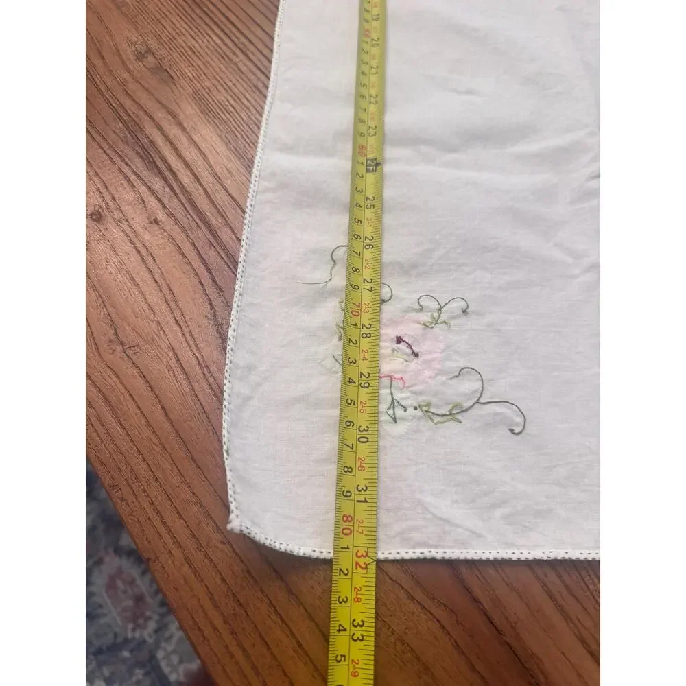 Vintage 32x32 Hand Embroidered Floral Tablecloth - Tea Party and Kitchen Decor